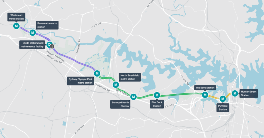 Map of the Sydney Metro West – Central Tunnelling Package route